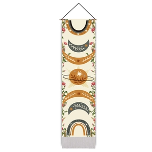 Vertical boho tapestry featuring lunar eclipse phases with solar and floral accents