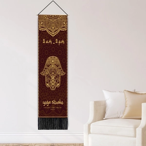 Hamsa Hand and Mandala cotton linen wall hanging for yoga studio decor with black tassels