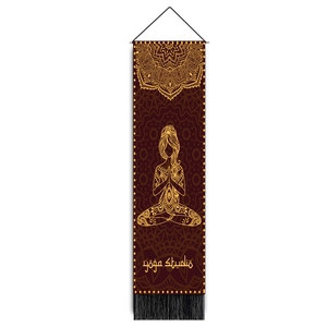 Linen yoga studio wall hanging with gold mandala pattern and meditation silhouette