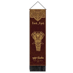 Vertical Yoga Studio wall scroll featuring an elephant design and black tassels