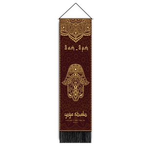Vertical Hamsa Hand yoga tapestry with golden mandala patterns and black silk tassels