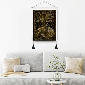Tree of Life and Snake tapestry wall hanging with golden lines and black tassels