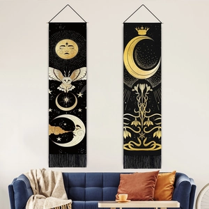 Bohemian Celestial Wall Hanging Tapestry Moon Phase Sun Owl Gold Printing Fabric Scroll Wall Art With Tassel For Home Decor
