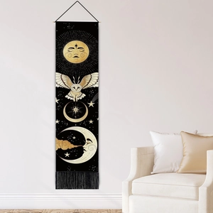 Bohemian moon phase wall tapestry with mystical sun and owl design and black tassels