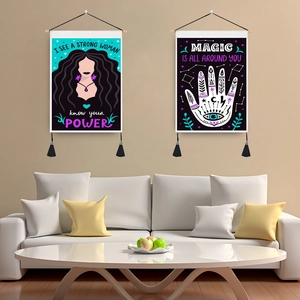 Halloween Witch Wall Hanging Tapestry Mystic Magic Hamsa Hand Polyester Cotton Fabric With Wood Pole And Tassels Bohemian Decor