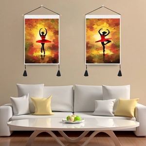 Abstract Ballet Dancer Wall Hanging Tapestry Poly Cotton Fabric Oil Painting Style With Wooden Rod And Black Tassels