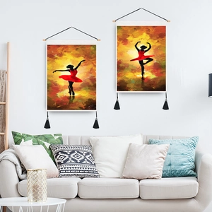 Set of two ballet dancer wall tapestries with red dresses and elegant black tassels