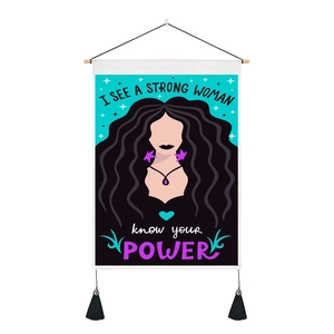Feminine silhouette wall tapestry with wood frame and tassels for home decor