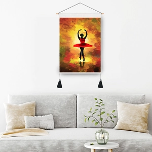 Modern ballet dancer oil painting tapestry with wooden frame and black tassels for decor