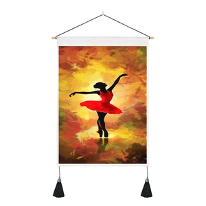 Artistic ballet dancer oil painting tapestry with wooden rod and black fringe tassels