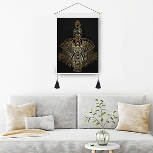 Thai elephant mandala wall hanging with gold print, wooden scroll and black tassels