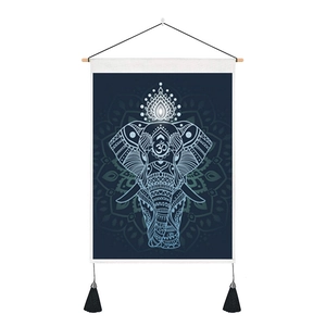Bohemian elephant tapestry with mandala pattern and black tassels on cotton linen fabric