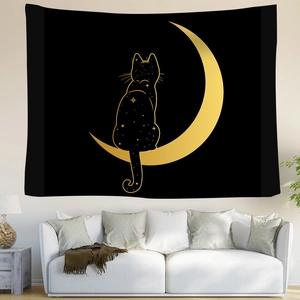 Bohemian black wall tapestry featuring golden celestial cat on crescent moon for home decor