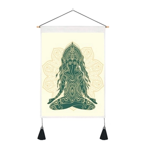 Deep green Thai Ganesha wall hanging tapestry in cotton linen with mandala patterns