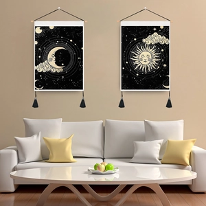 Celestial Sun Moon Tapestry Polyester Cotton Wall Hanging With Wooden Rod And Tassels Retro Astrology Home Decor