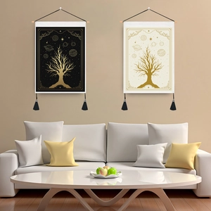 Tapisserie Murale Arbre De Vie Coton Polyester Avec Bâton En Bois Et Glands Ciel Étoilé Mystique Décoration Maison