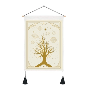 Tapisserie tarot Arbre de Vie bohème avec étoiles et pompons noirs décoratifs