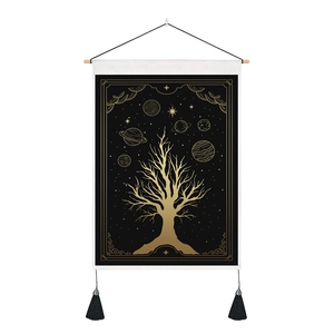 Tapisserie murale Arbre de Vie bohème avec motifs célestes et glands noirs