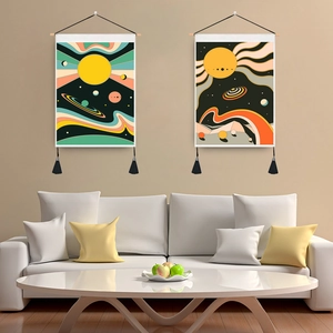 Celestial Sun Moon Wall Tapestry With Wooden Rod And Tassels Bohemian Retro Artistic Scroll For Home Room Decor
