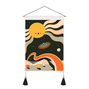 Bohemian sun and moon celestial tapestry with wooden hanging rod and black tassels