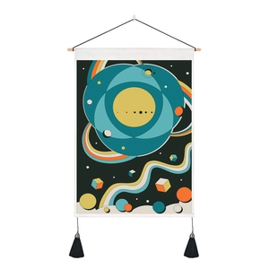 Detail of celestial tapestry featuring geometric planets and decorative black tassels