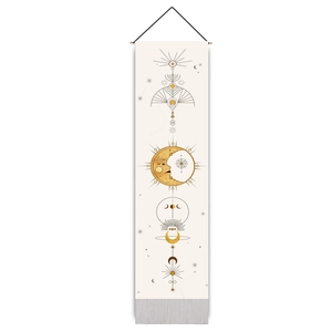 Bohemian celestial tapestry with sun and moon phases on wooden rod with tassels