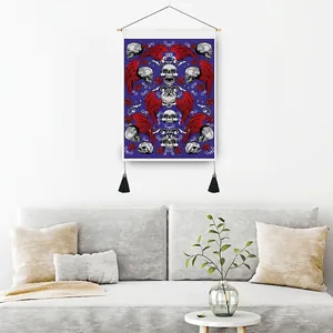 Gothic skull and red wings wall tapestry with tassels for modern living room decor