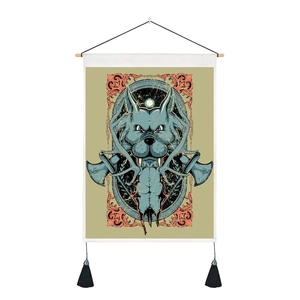 Digital print beast totem wall hanging with wooden frame and black tassels for home decor