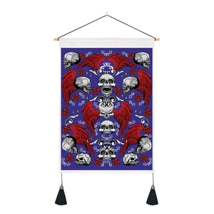 Gothic skull and red rose digital print wall tapestry with wood pole and black tassels