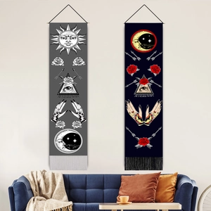 Mystic Sun Moon Wall Tapestry Bohemian Occult Art Hanging Decor Fabric With Wood Rod Tassels For Living Room Bedroom