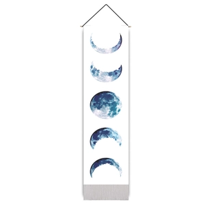 Vertical bohemian wall tapestry featuring blue watercolor moon phase art on white canvas