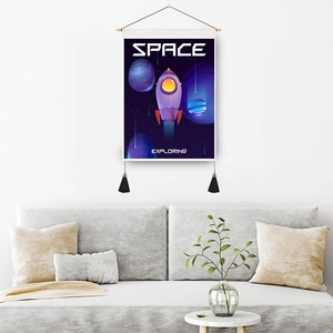 Modern space theme tapestry with rocket and planets illustration and black tassels