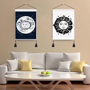Sun Moon Star Tapestry Wall Hanging Bohemian Astrology Art Polyester Cotton Fabric With Wood Rod And Tassels Room Decor