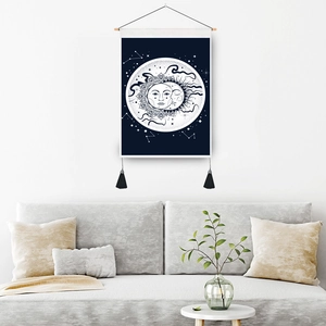 Navy sun and moon wall tapestry with celestial stars and tassels for home decor