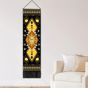 Bohemian tribal sun and moon phase wall tapestry with black tassels for home decor