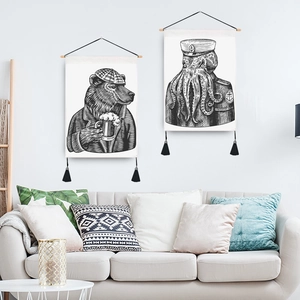 Modern animal sketch tapestry set with bear and octopus illustrations for wall decor