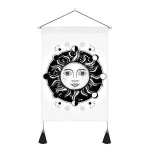 Minimalist sun and moon phase wall tapestry with black tassels and wooden hanging rod