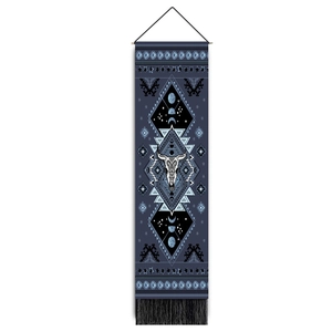 Tribal skull and celestial tapestry with blue patterns and hanging black tassels