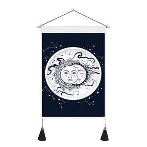 Monochrome sun and moon tapestry with wooden rod and black tassels for wall decor