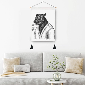 Modern karate black panther sketch tapestry with wooden frame and black tassels for wall decor