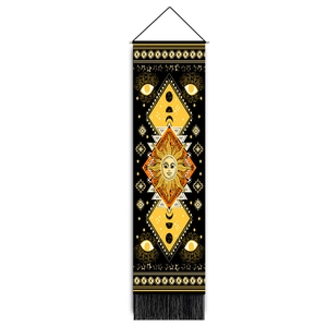 Bohemian tribal sun and moon skull tapestry with wooden frame and black tassels