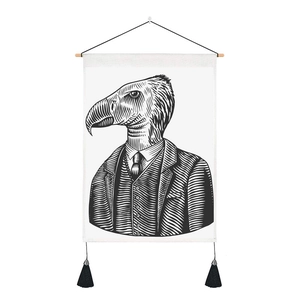 Modern animal sketch tapestry with wooden frame and tassels for room wall decor