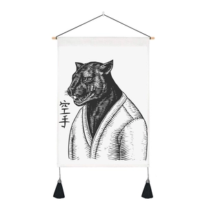 Minimalist black panther sketch wall tapestry with karate kanji and black tassels