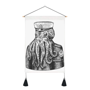 Detail of nautical octopus tapestry with navy uniform, wooden rod, and black tassels