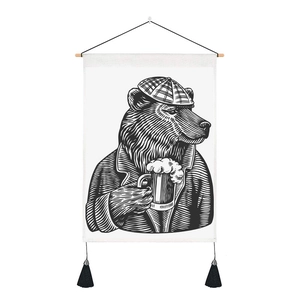 Detail of animal sketch wall tapestry with wooden rod and black tassels decoration