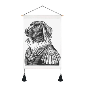 Minimalist animal sketch tapestry with vintage military hound artwork and wooden rod