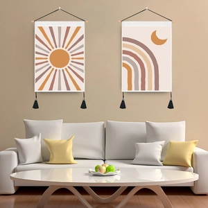 Bohemian Wall Hanging Tapestry Polyester Cotton Sun Moon Print Tassel Decor With Wooden Rod For Living Room Bedroom