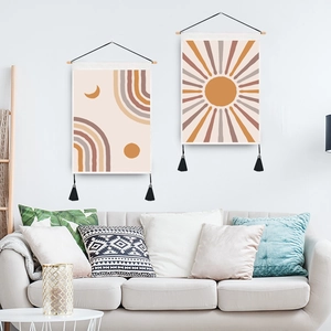 Bohemian sun and moon wall tapestry set with wooden hangers and black tassels