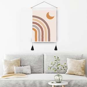 Bohemian sun and moon wall tapestry with rainbow lines and black tassels for home decor