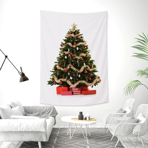 Christmas tree wall tapestry showing realistic holiday decor in a modern living room